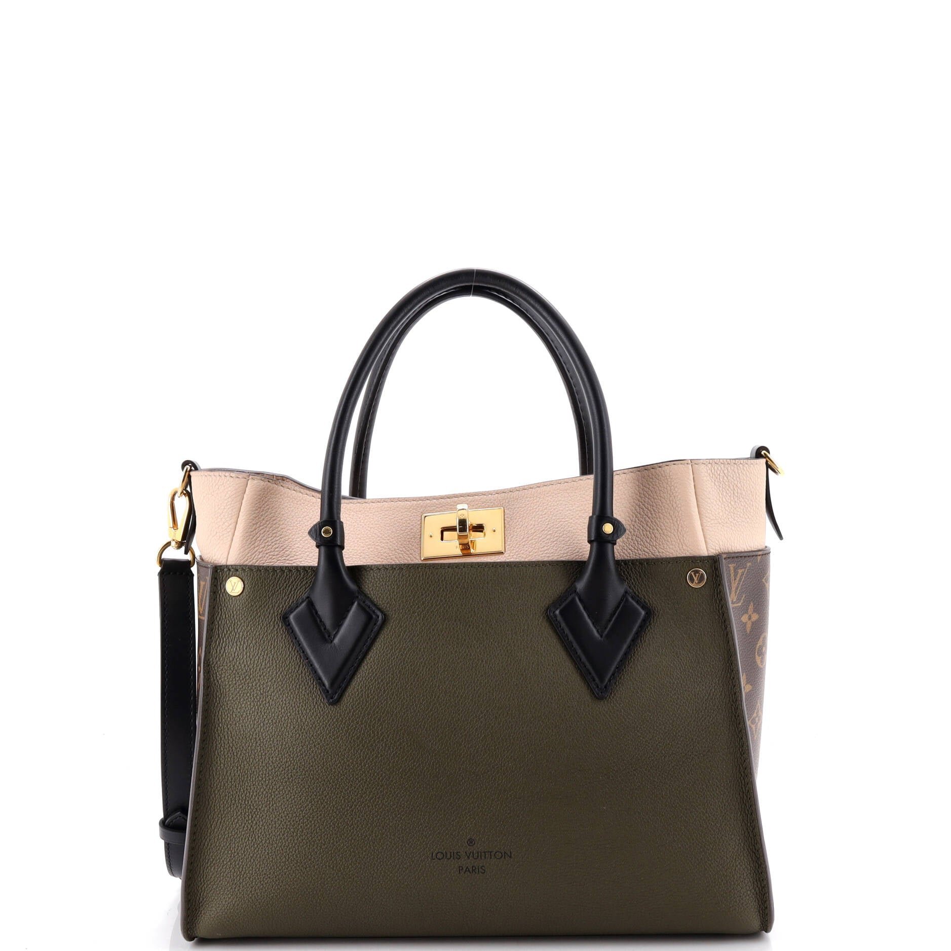On My Side Tote Leather with Monogram Canvas MM