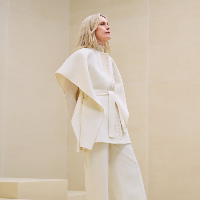 Blanc Naturel Embroidered Cashmere Long Poncho Vest