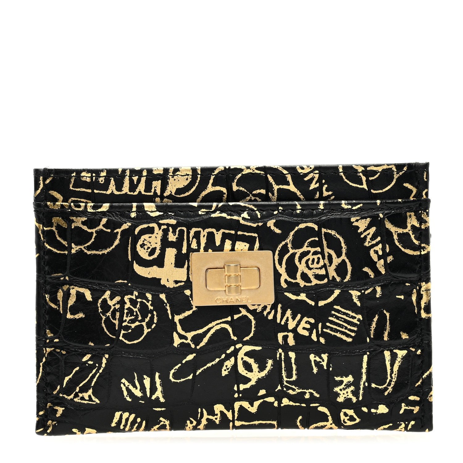 Chanel Calfskin Crocodile Embossed Graffiti 2.55 Cocodile Reissue Card Holder Black Gold