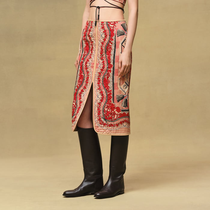 Beige Cajou "Aux Champs En Fleurs Raye" Quilted Pencil Skirt
