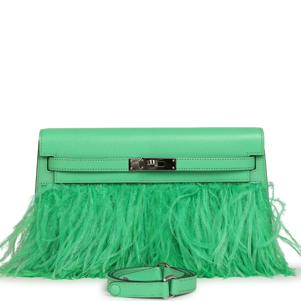Pre-owned Hermes Kelly Elan Foile Vert Comics Chevre and Ostrich Feather Palladium Hardware