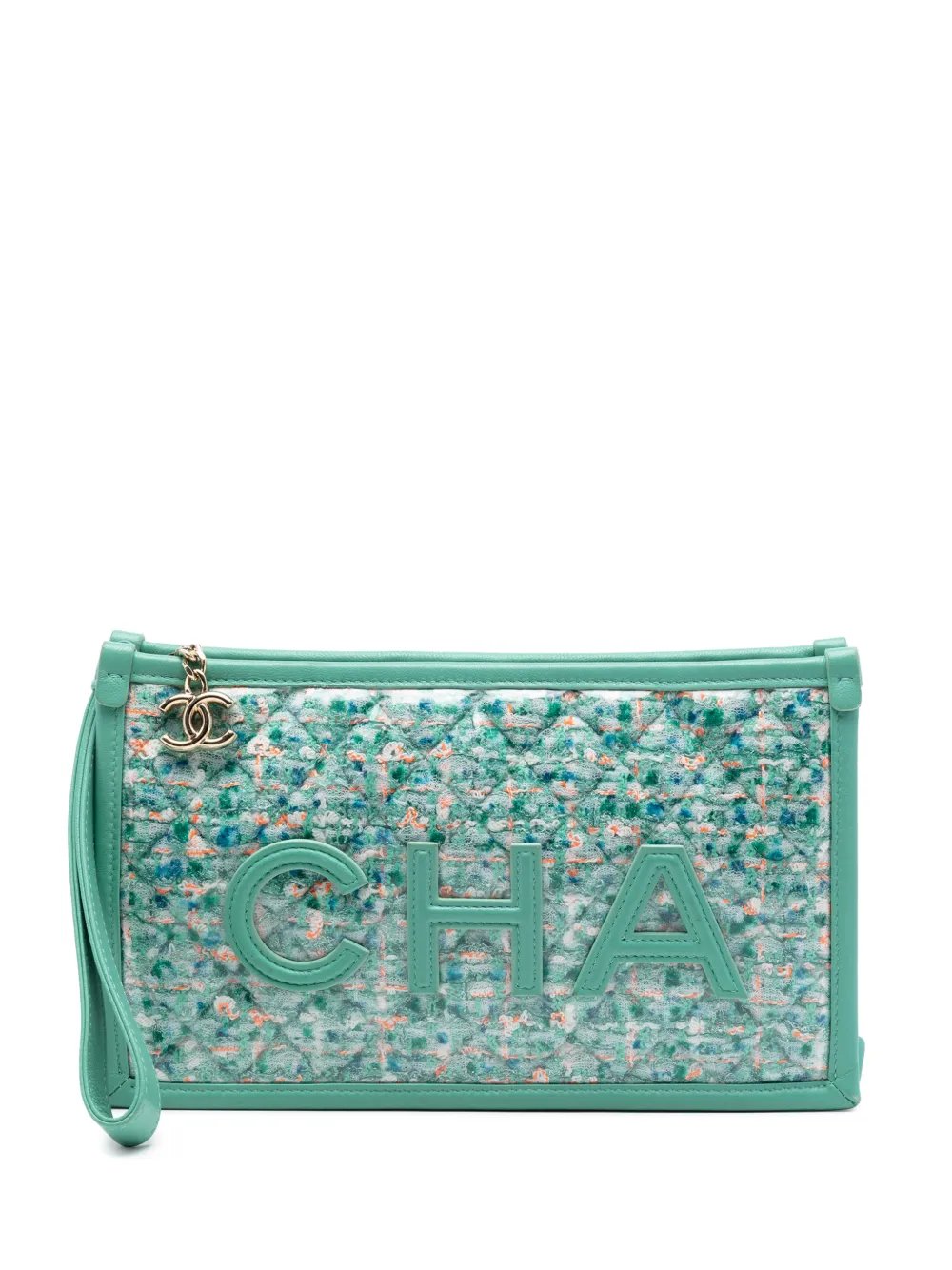 Chanel 2019 Quilted Tweed PVC Logo Wristlet clutch bag