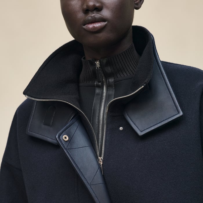 Bleu Noir Short Mixed Leather Cashmere Coat