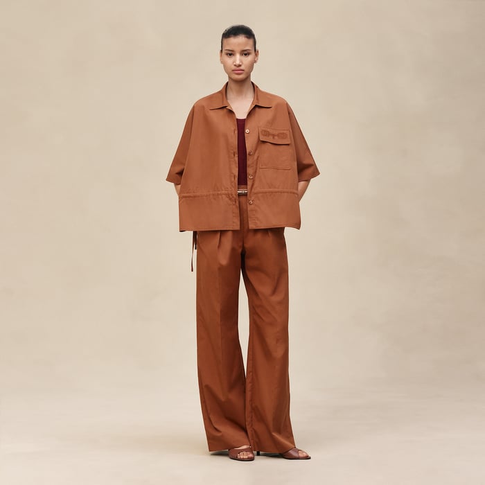Marron Fauve Embroidered Beach Shirt