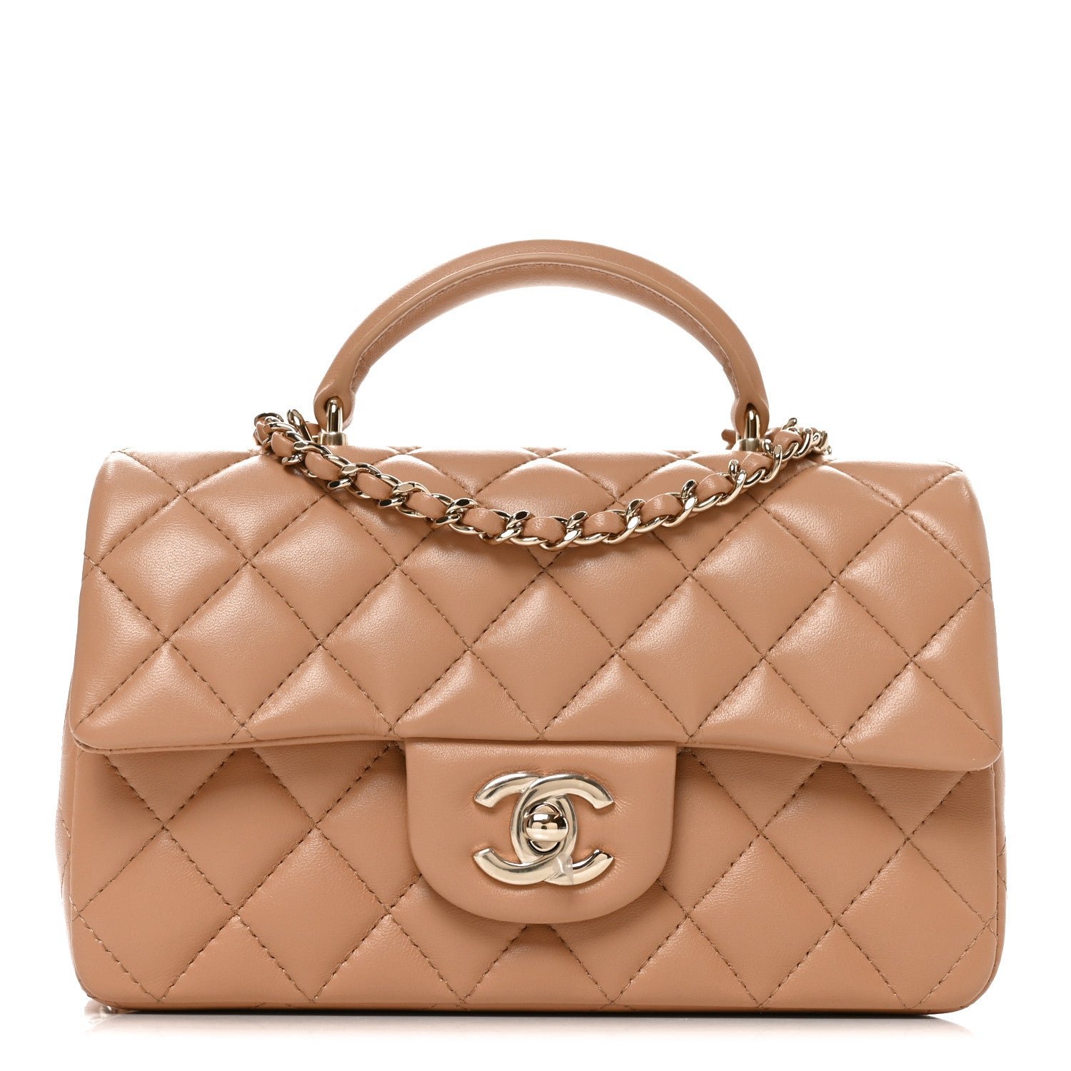 Chanel Lambskin Quilted Mini Top Handle Rectangular Flap Dark Beige