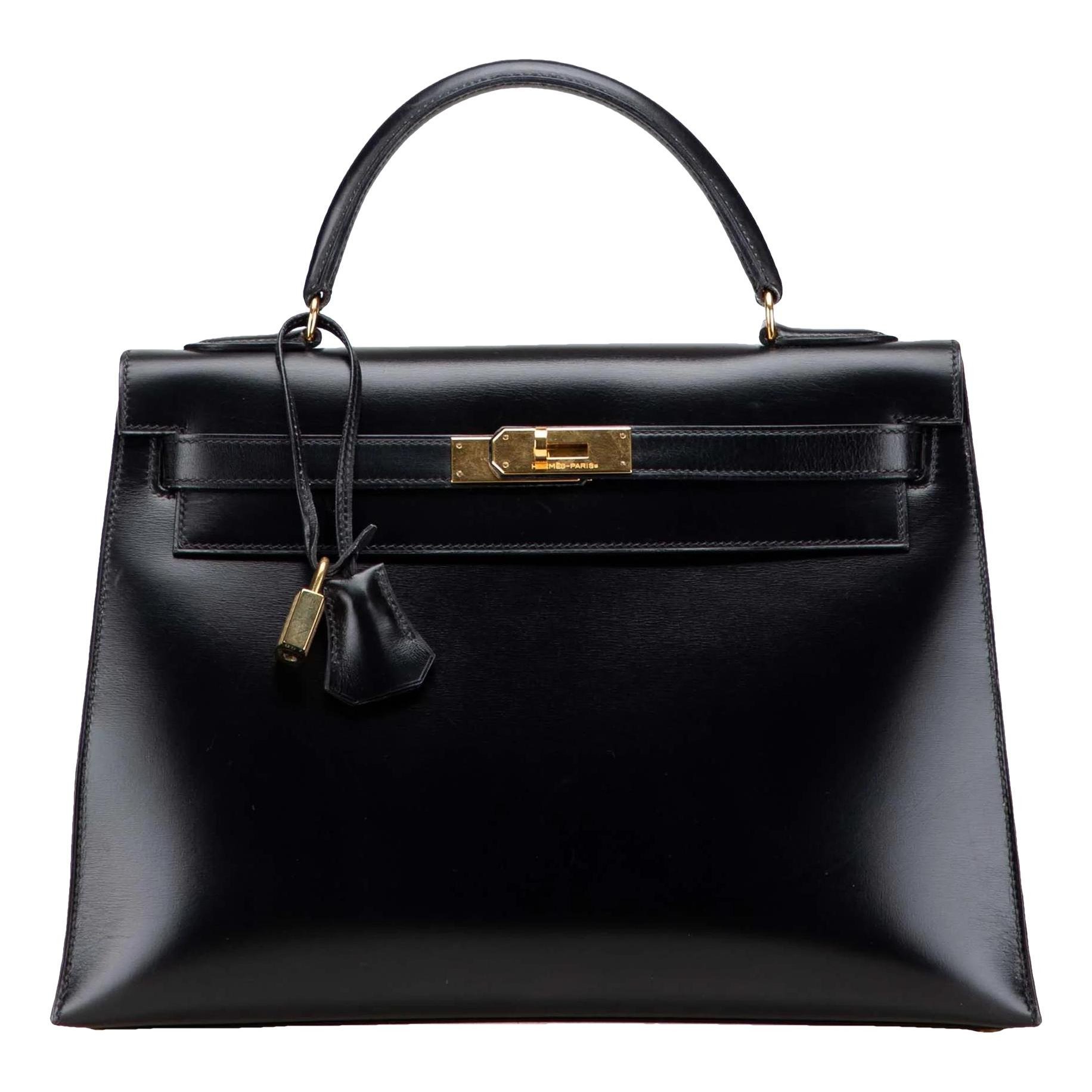 Hermes Kelly 32 Handbag Black Box Calf Leather 1988