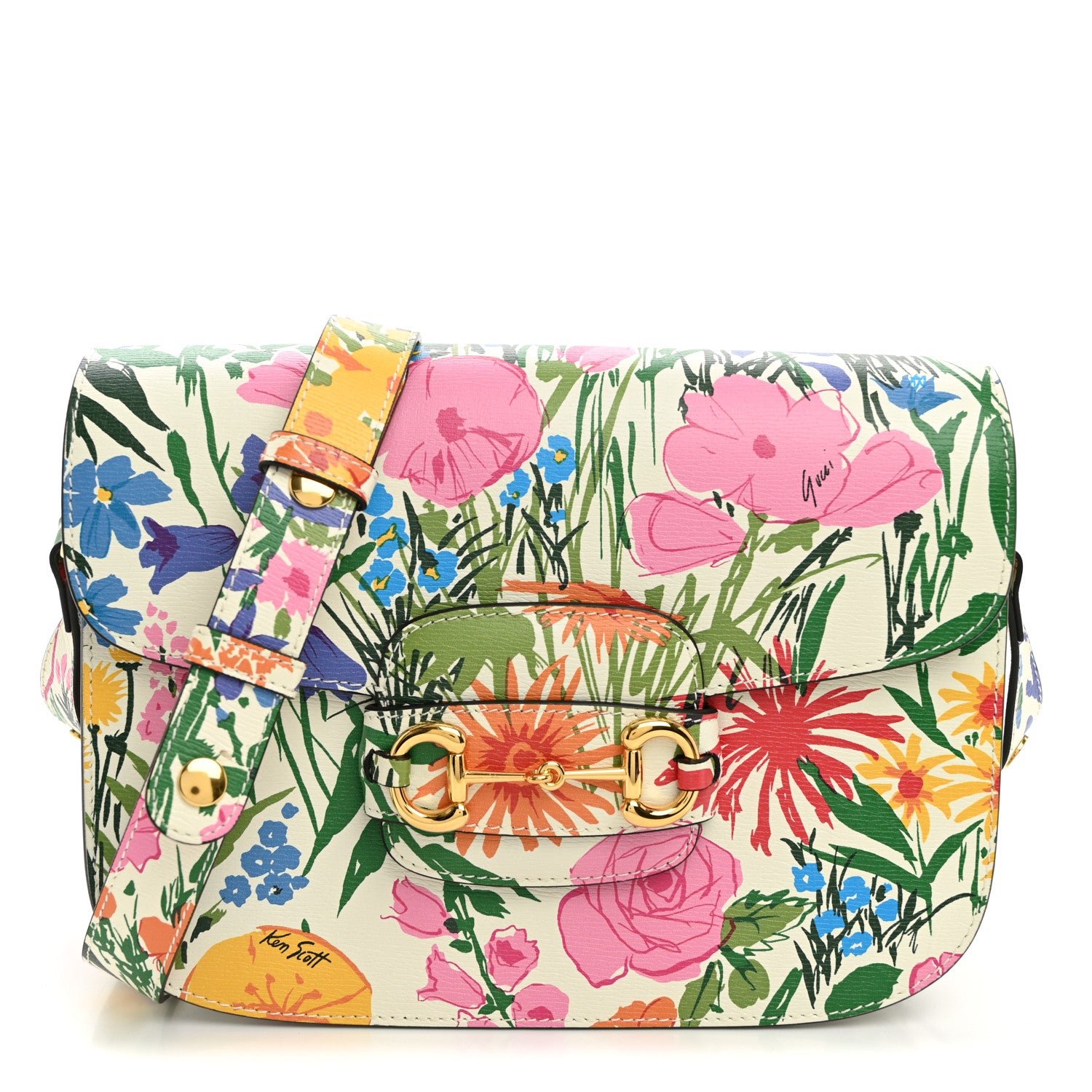 Gucci X KEN SCOTT New Shangai Calfskin Jardin D'Avril Floral Print Horsebit 1955 Shoulder Bag Ivory Pink Wild Rose