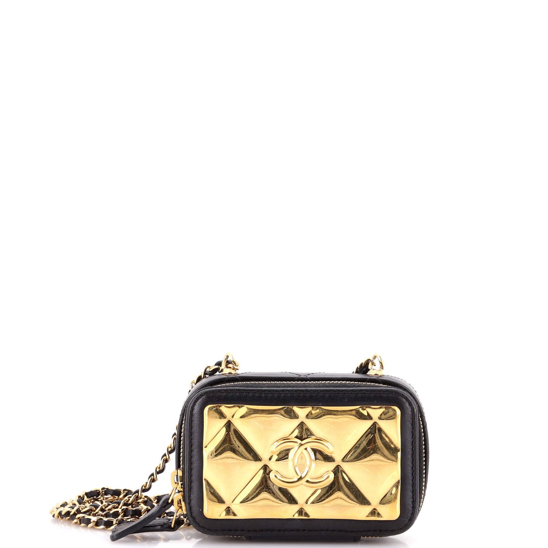 Golden Plate Zip Around Vanity Case with Chain Quilted Metal and Lambskin Extra Mini