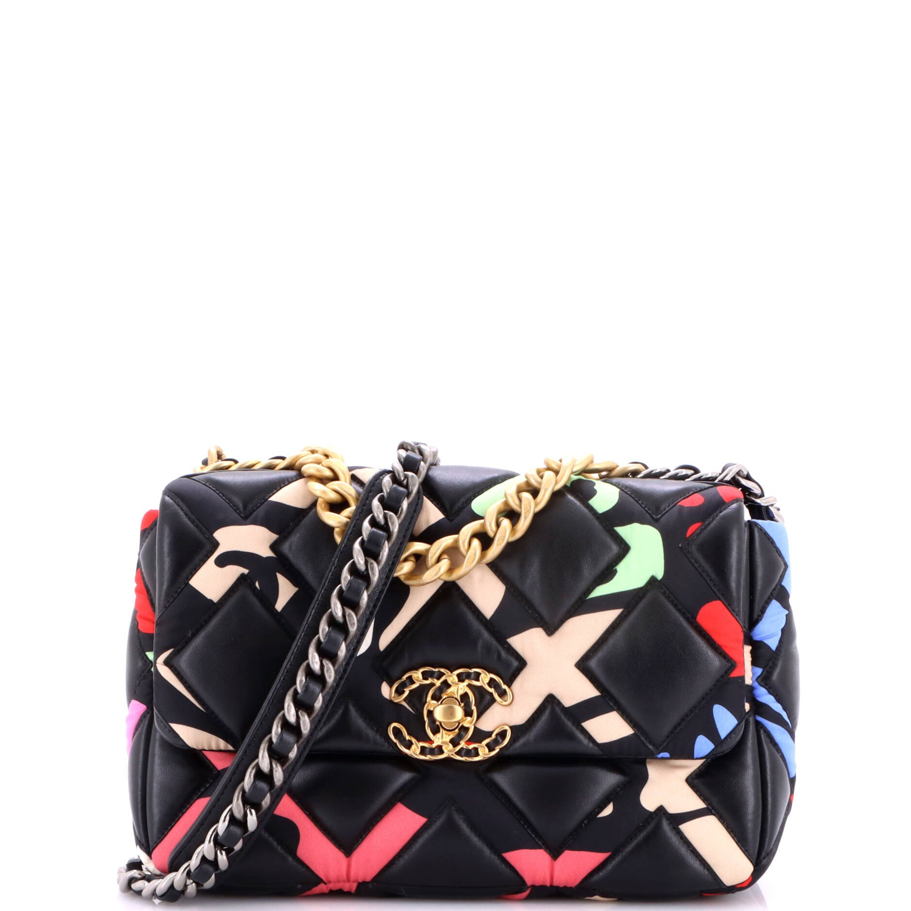 19 Flap Bag Quilted Lambskin and Printed Silk Medium