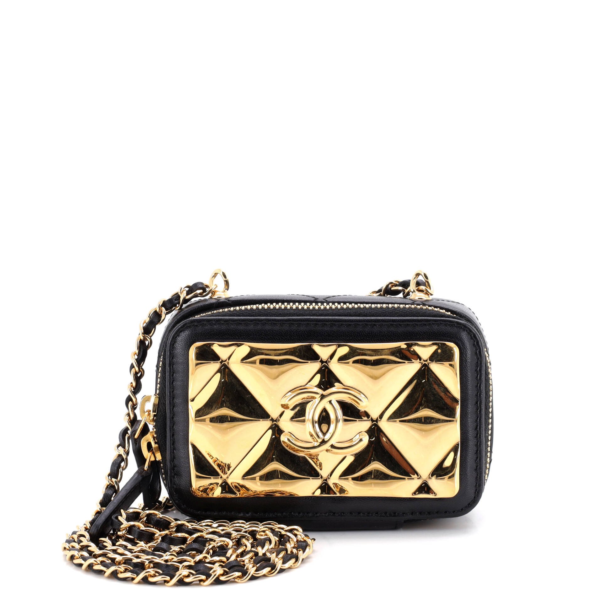 Golden Plate Zip Around Vanity Case with Chain Quilted Metal and Lambskin Extra Mini