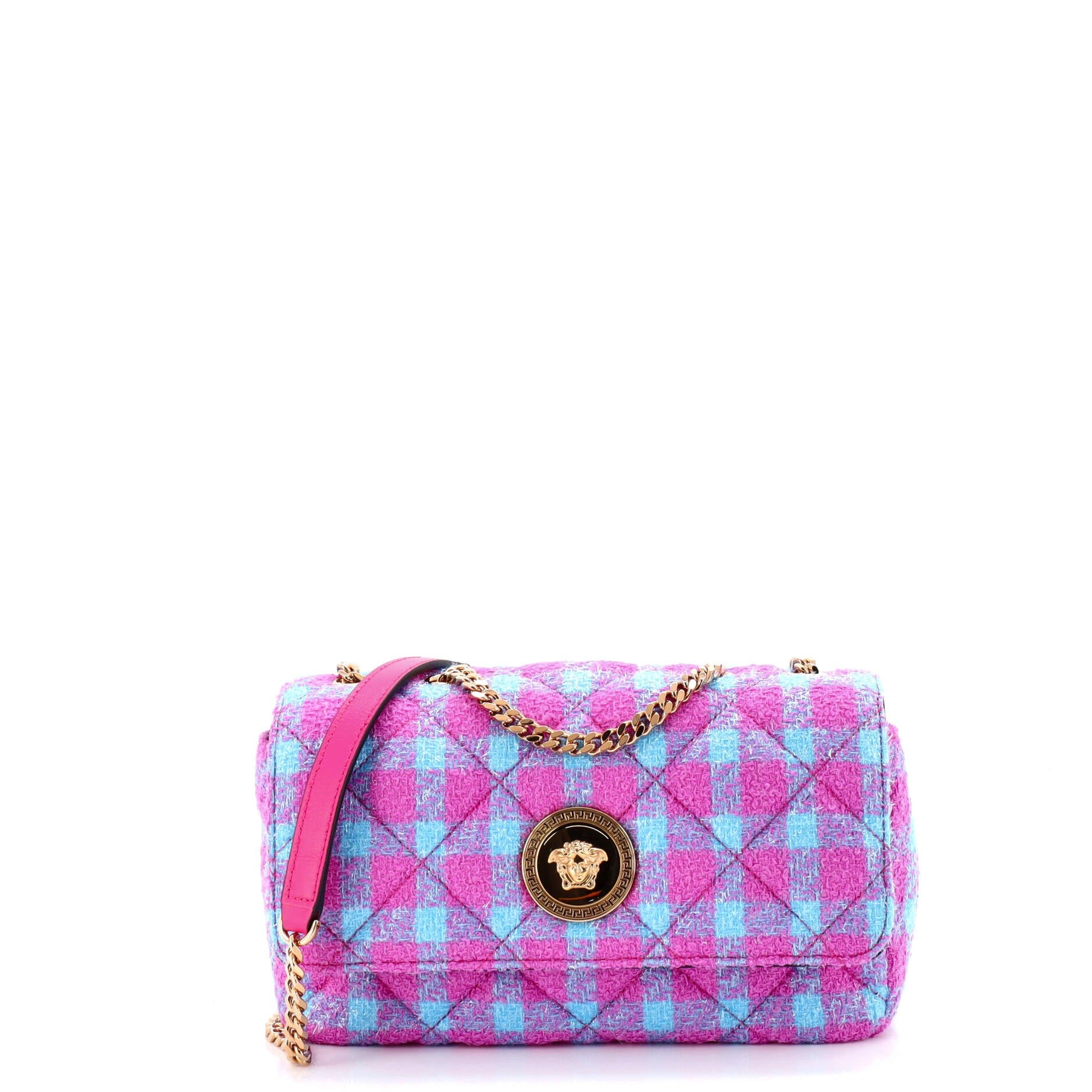 Versace Medusa Icon Chain Flap Bag Quilted Tweed East West