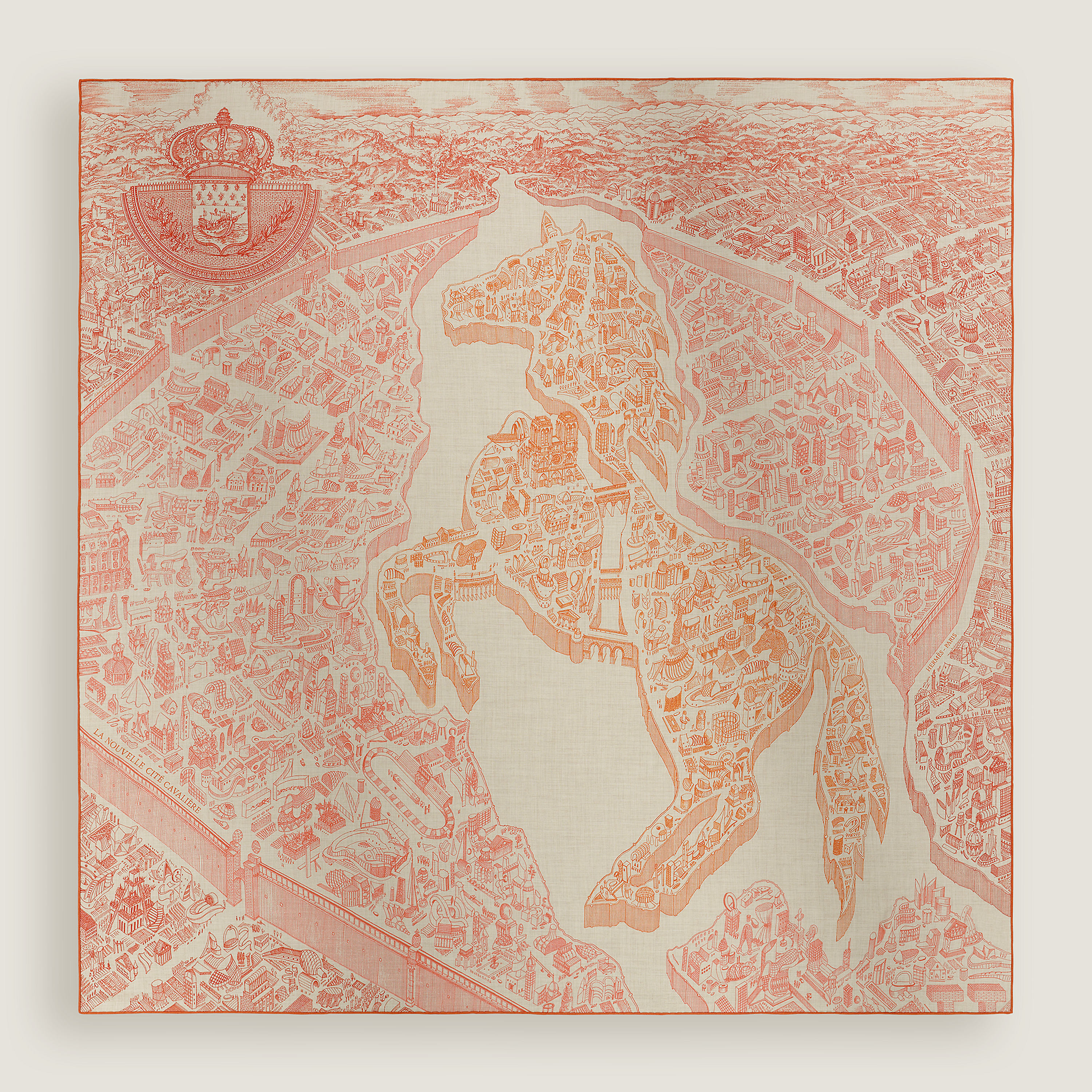 Hermès La Nouvelle Cite Cavaliere shawl 140 Naturel/Orange/Rouge