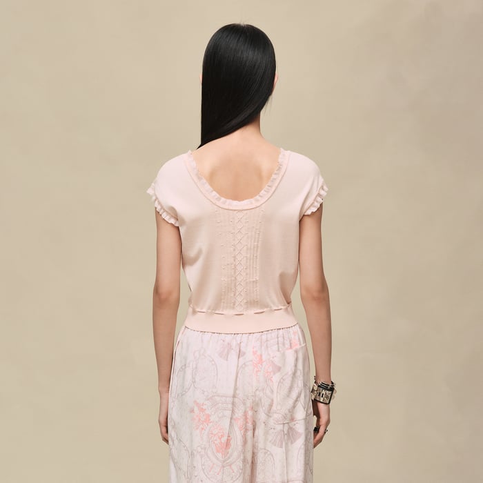 Rose Palomino Short-sleeve Sweater With Ruffled Details