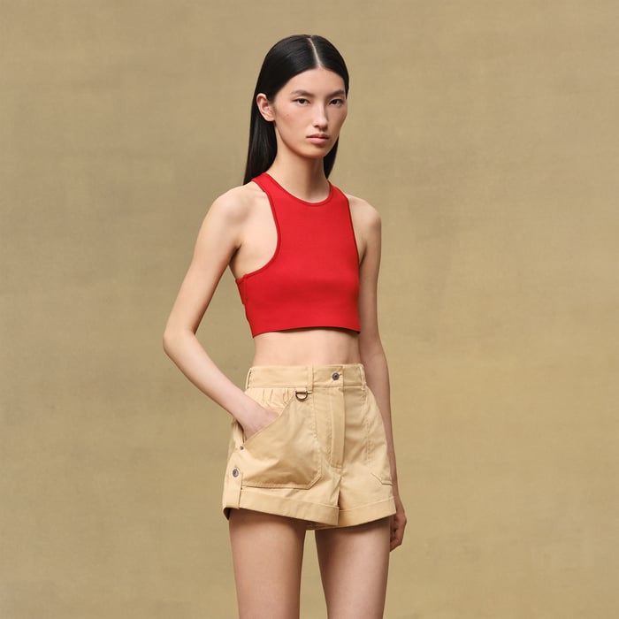 Beige Cajou Pleated Waist Cotton Shorts