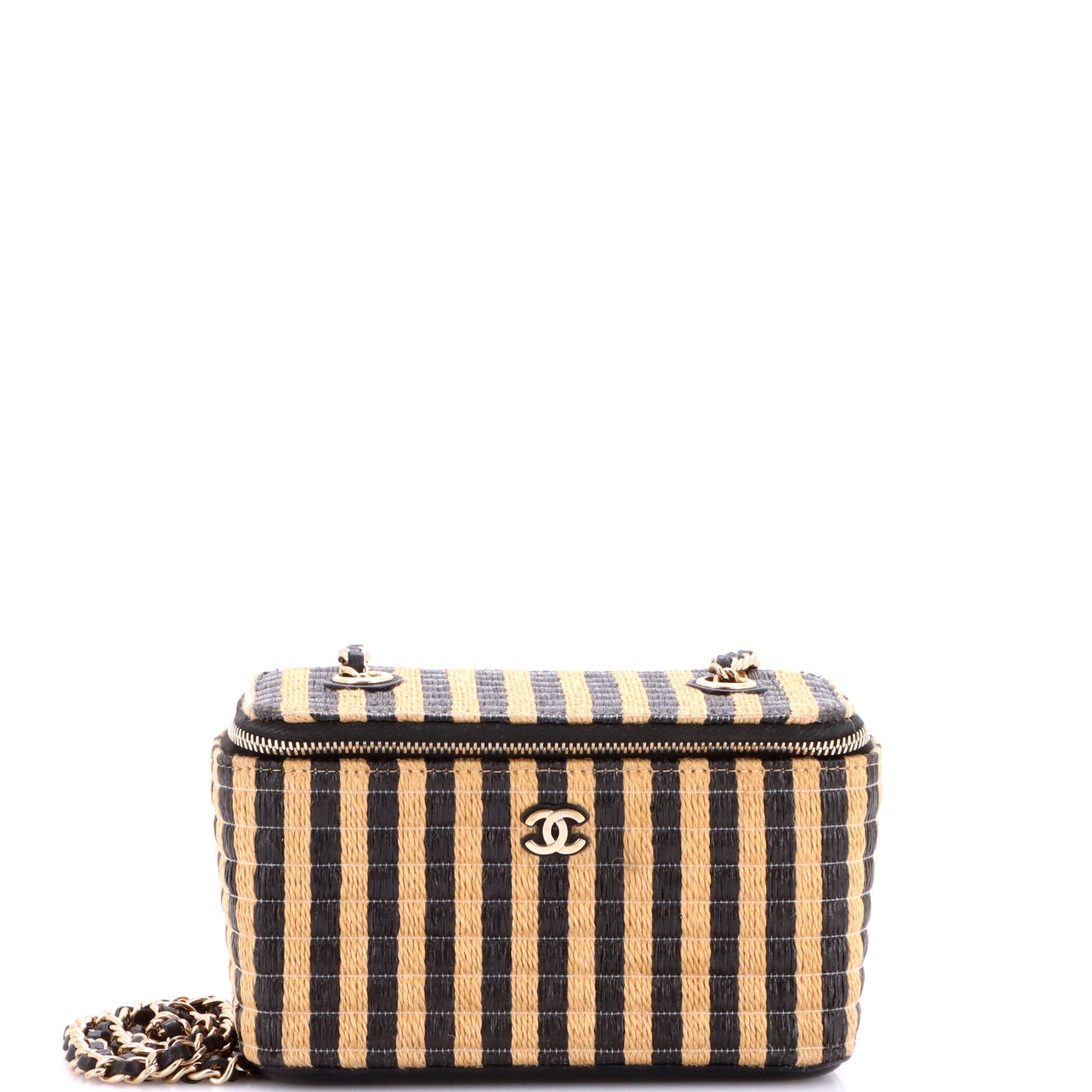 Classic Vanity Case with Chain Striped Raffia and Jute Small