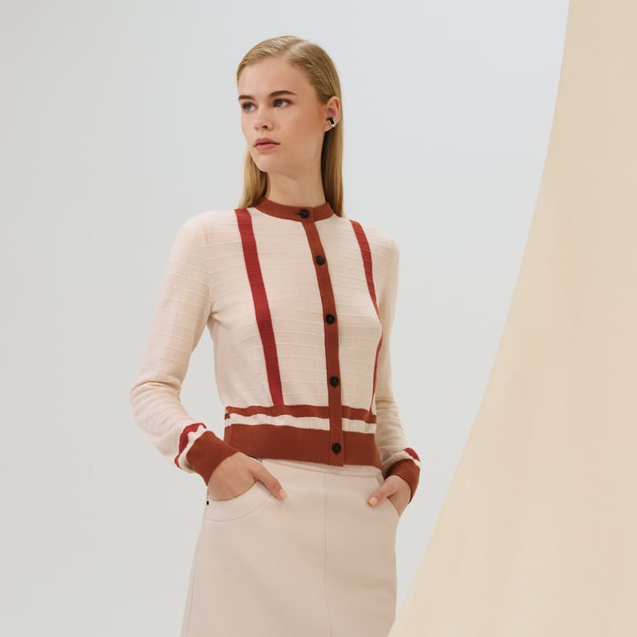 Beige Kaolin "Coaching" Long-sleeve Cardigan