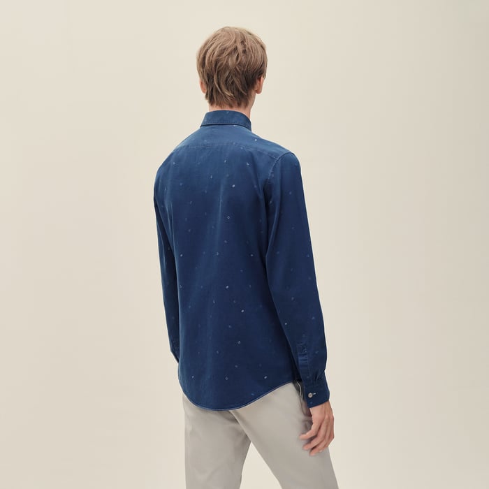 Indigo Lavé "Calligraphie Equestre Jacquard" Fitted Shirt With Louis Collar