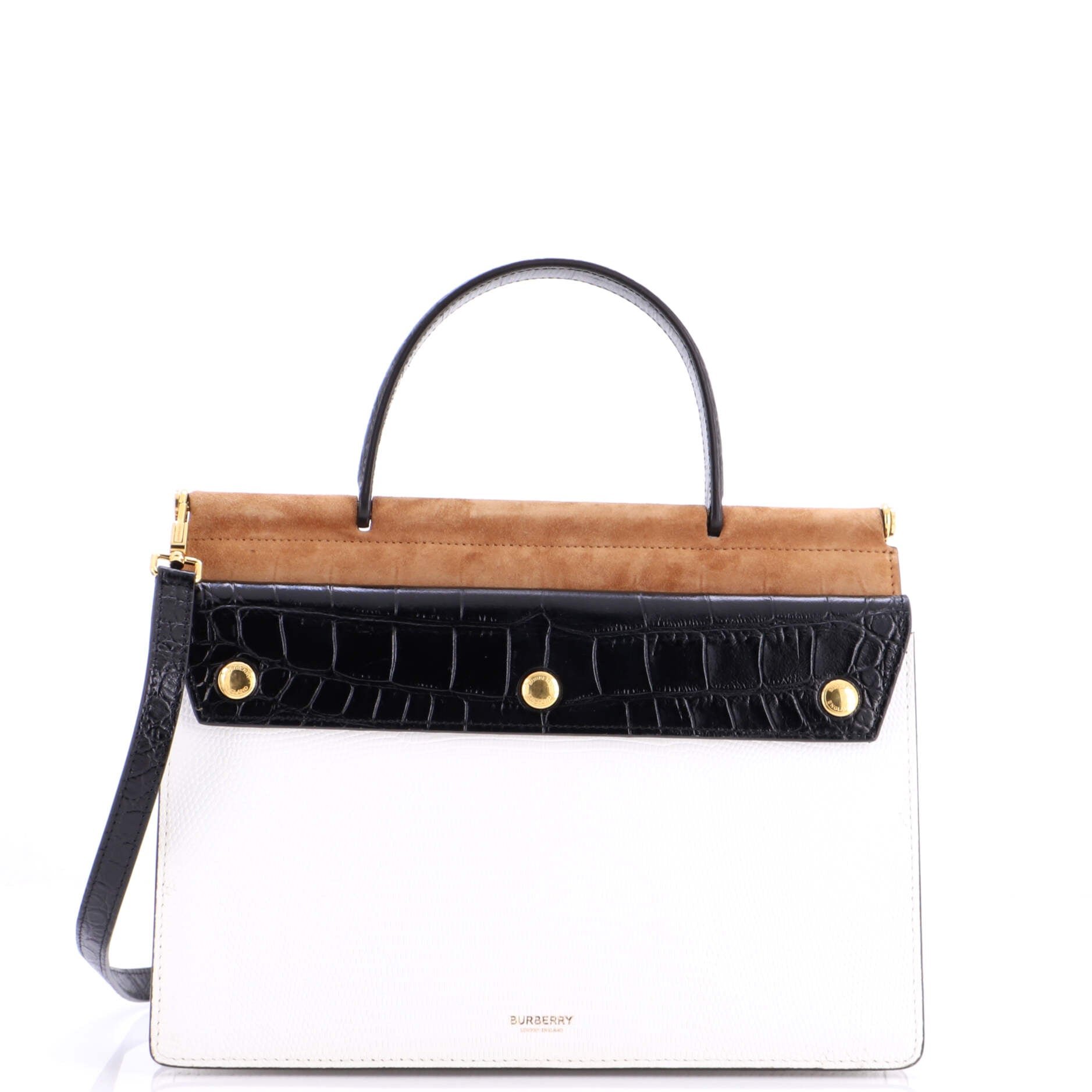 Panelled Title Front Pocket Top Handle Bag Embossed Leather and Suede Small