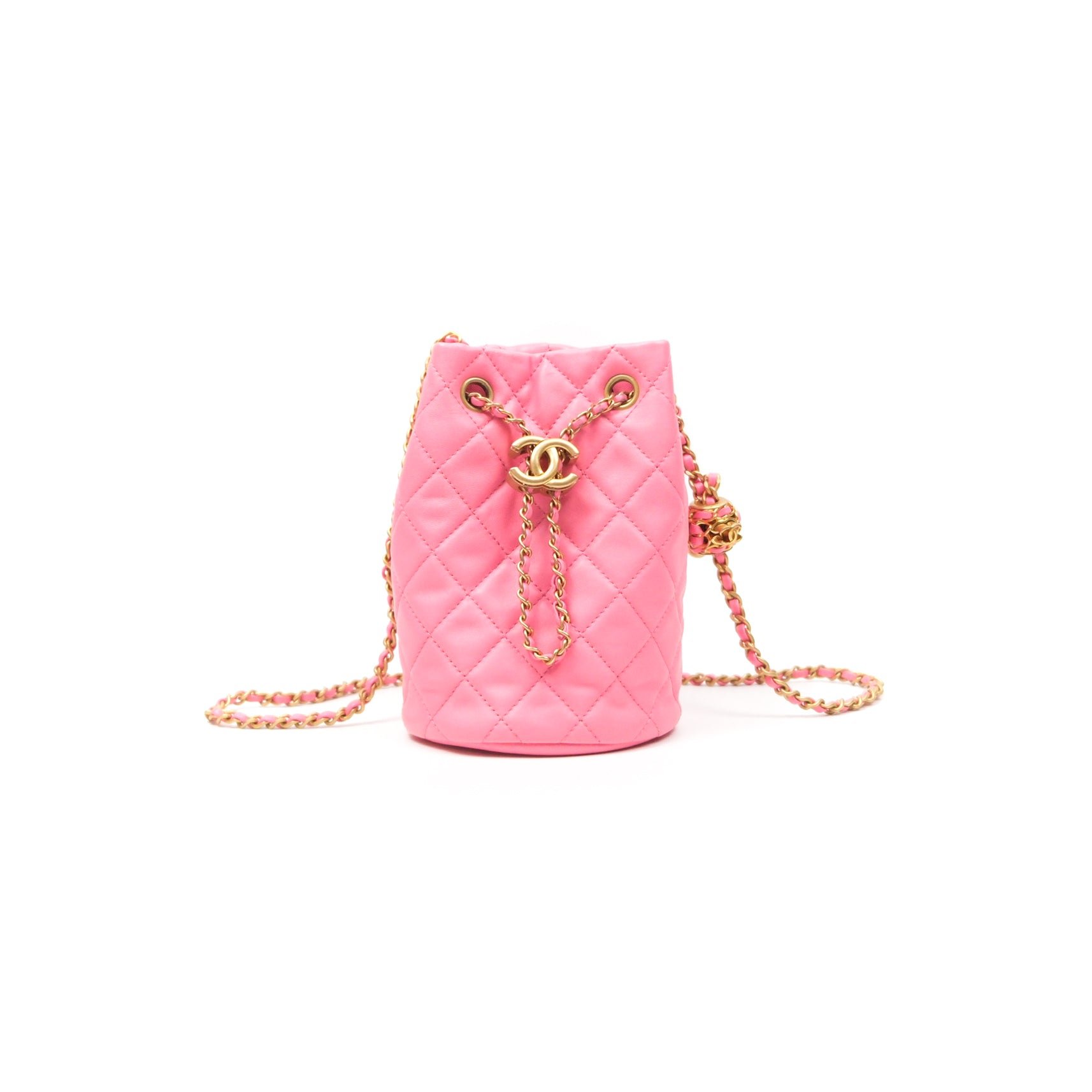 Chanel Pearl Crush Drawstring Bucket Bag Pink Lambskin Aged Gold Hardware