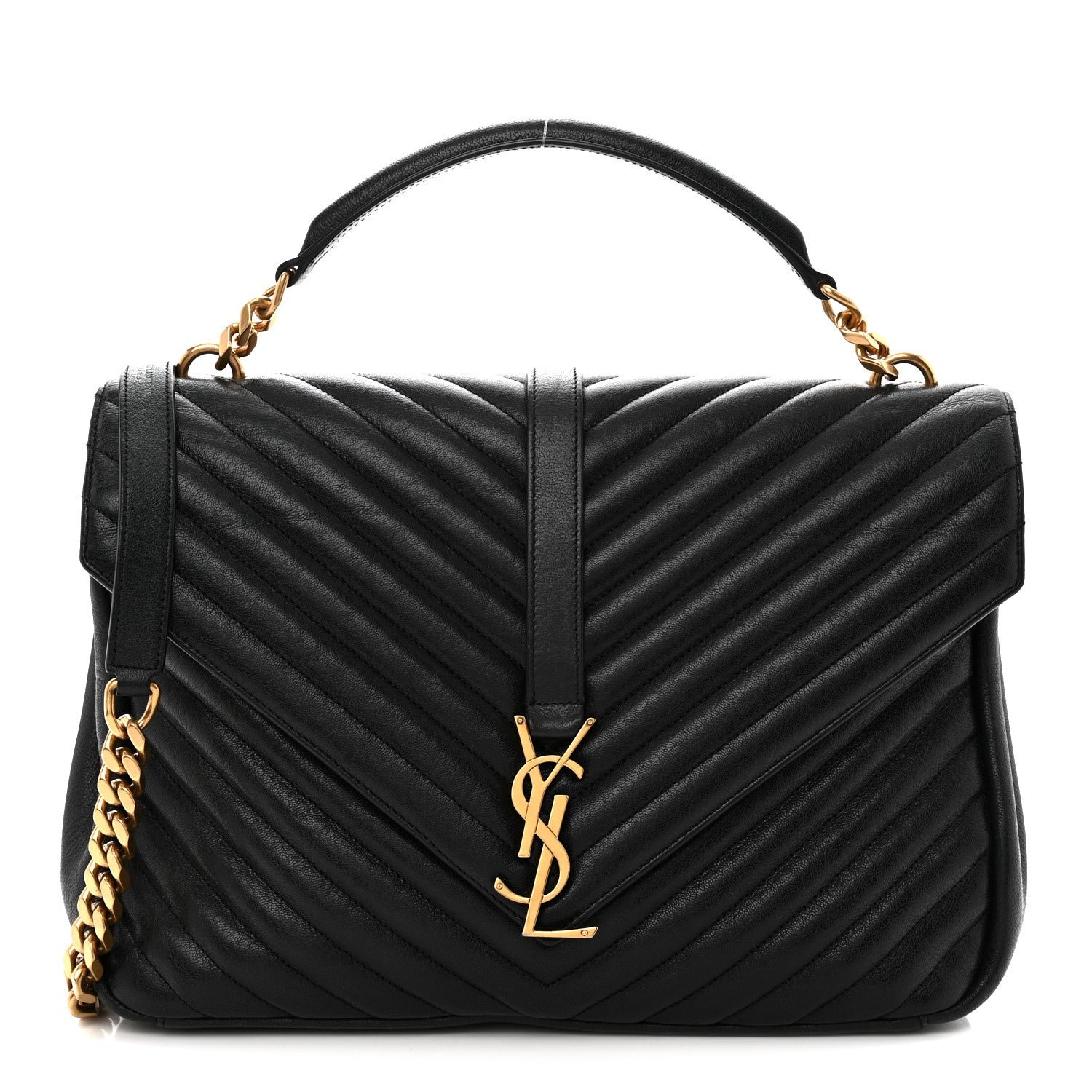 Saint Laurent Sheepskin Matelasse Chevron Monogram Large College Satchel Black