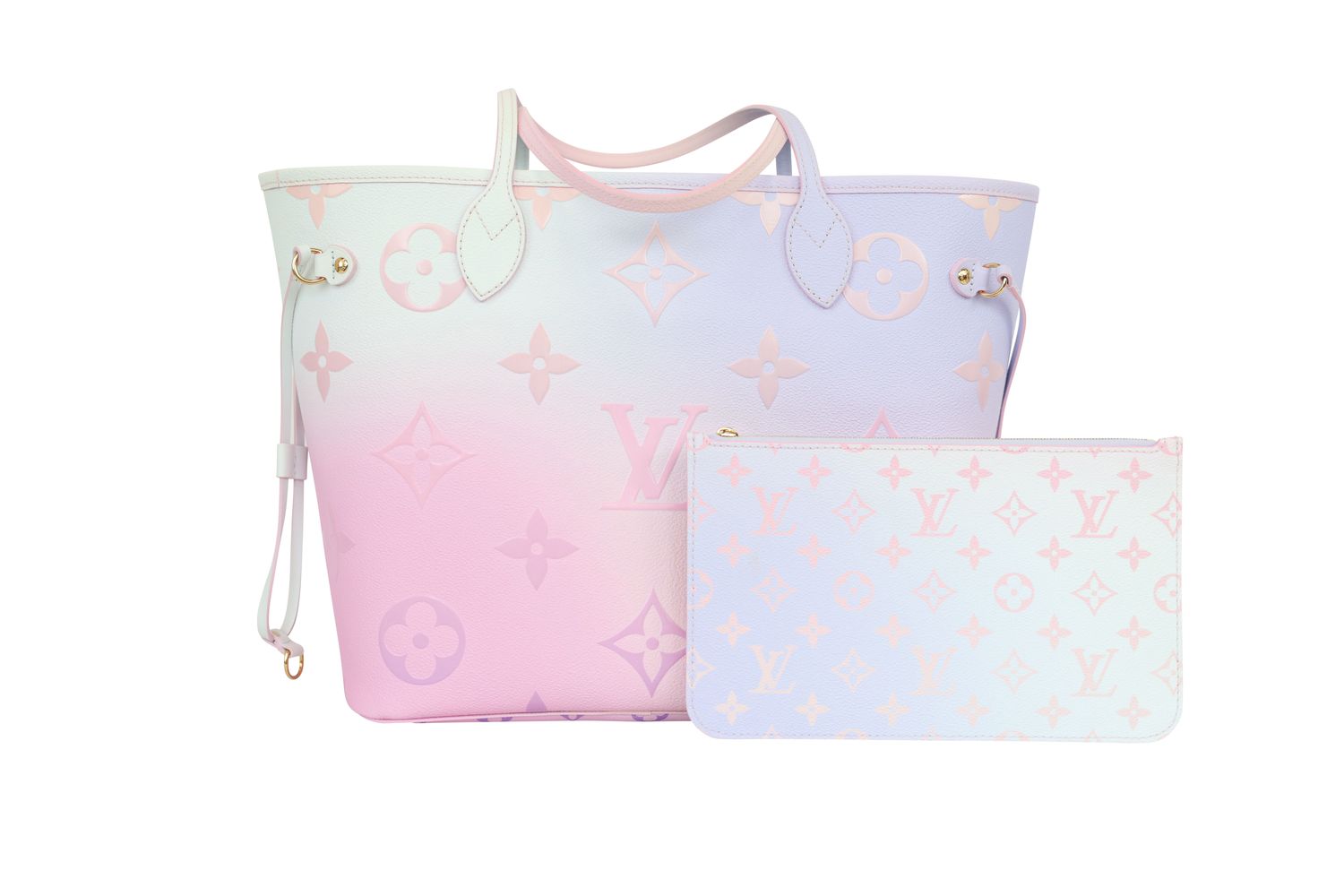 Louis Vuitton Neverfull MM  Bag Set, Pink Purple Sunrise Pastel Monogram Canvas and Gold Hardware, Preowned in Box WA001