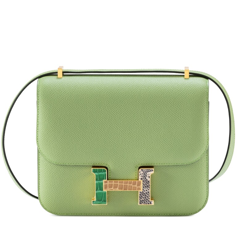 Hermes Limited Edition Vert Criquet Epsom Mini Constance 18 Cactus and Beige Sable Alligator and Ombré Salvator Lizard Gold Hardware, 2023