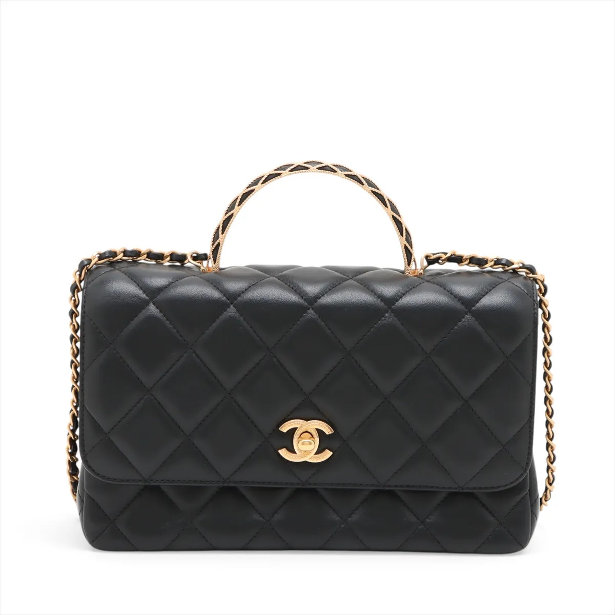 Chanel Matelasse Lambskin 2 Way Handbag Black Gold Metal Fittings random plate A