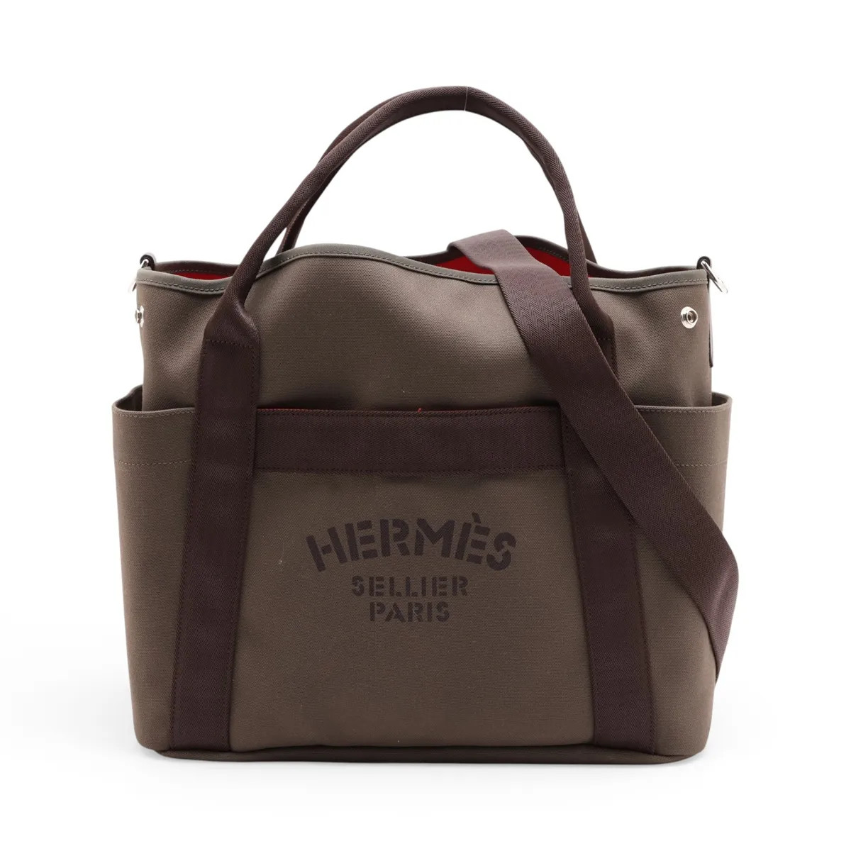 Hermès Sac de pansage Groom canvas Khaki Silver Metal Fittings