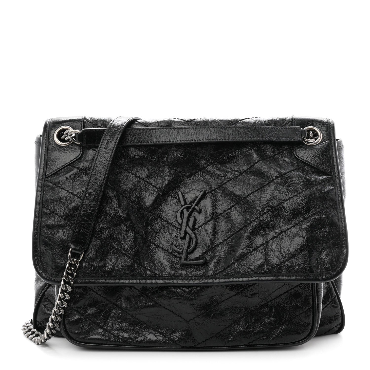 Saint Laurent Saint Laurent Crinkled Calfskin Matelasse Monogram Large Niki Chain Satchel Black