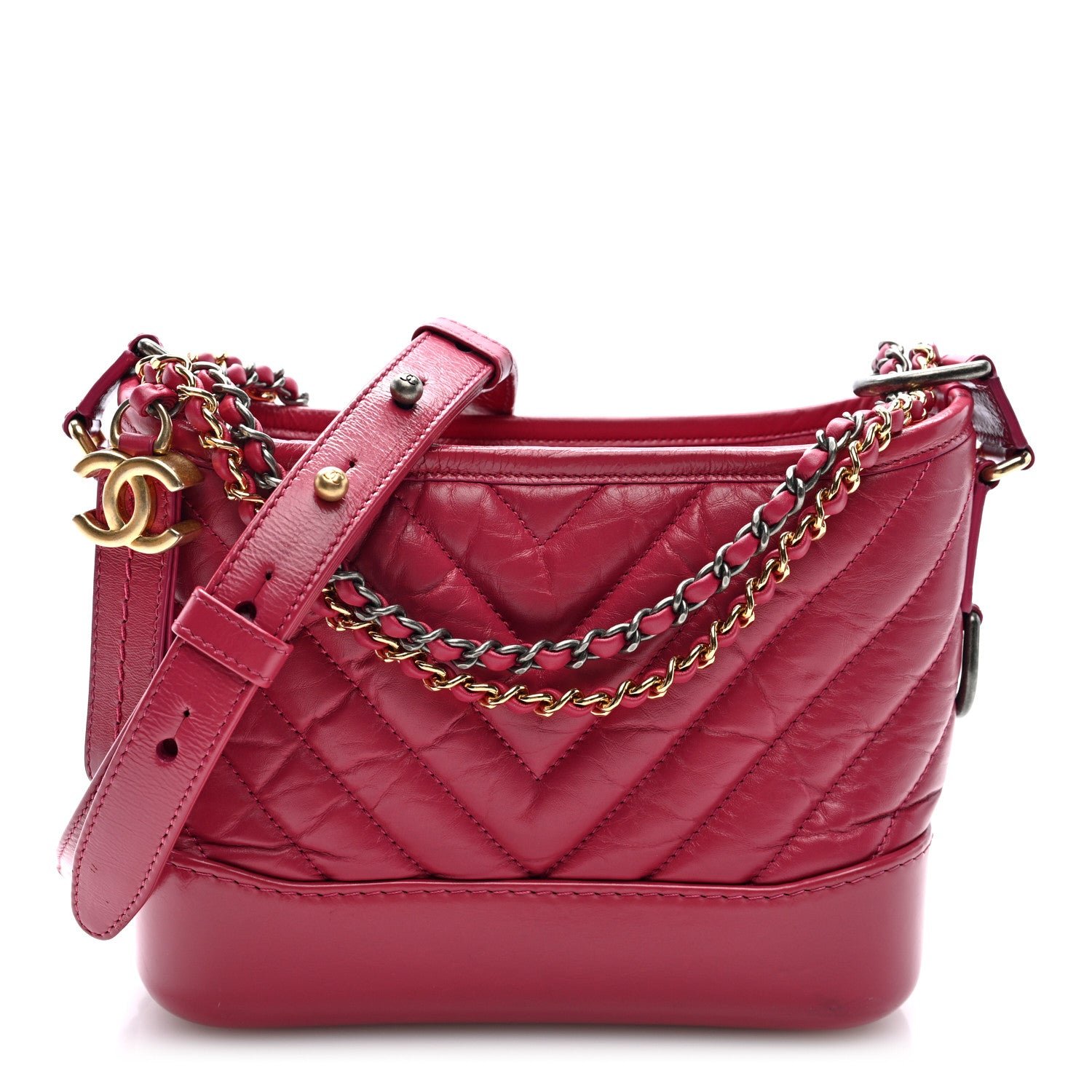 Chanel Aged Calfskin Chevron Quilted Small Gabrielle Hobo Dark Pink