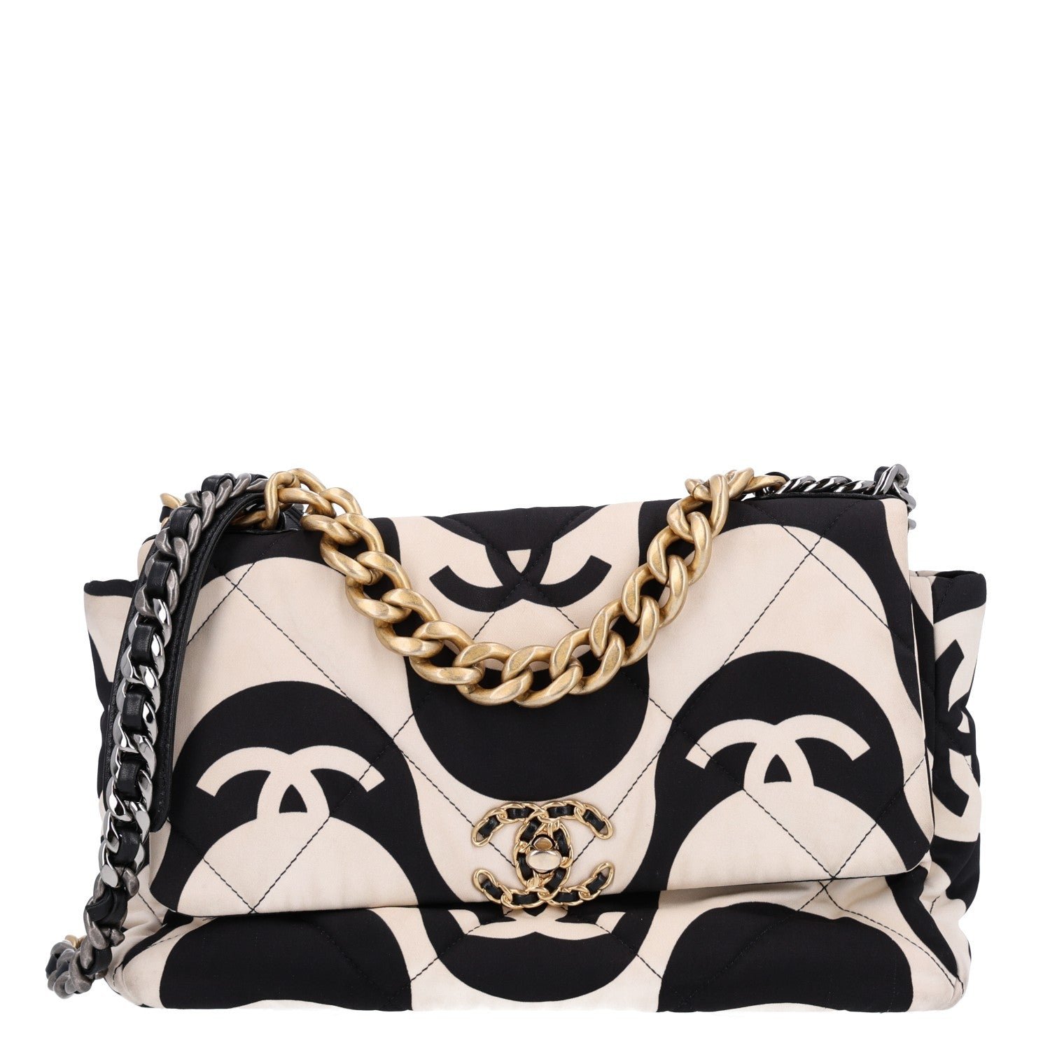 Chanel Fabric Printed Large Chanel 19 Flap Black Ecru