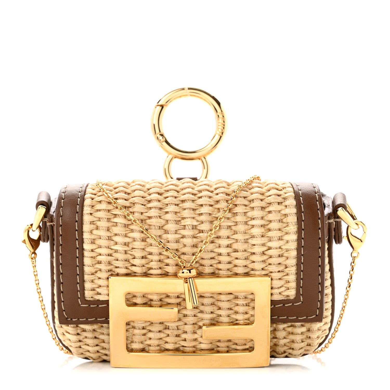 Fendi Macrame Crochet Vitello Grace Nano Maxi Buckle Baguette Charm Natural Gianduia