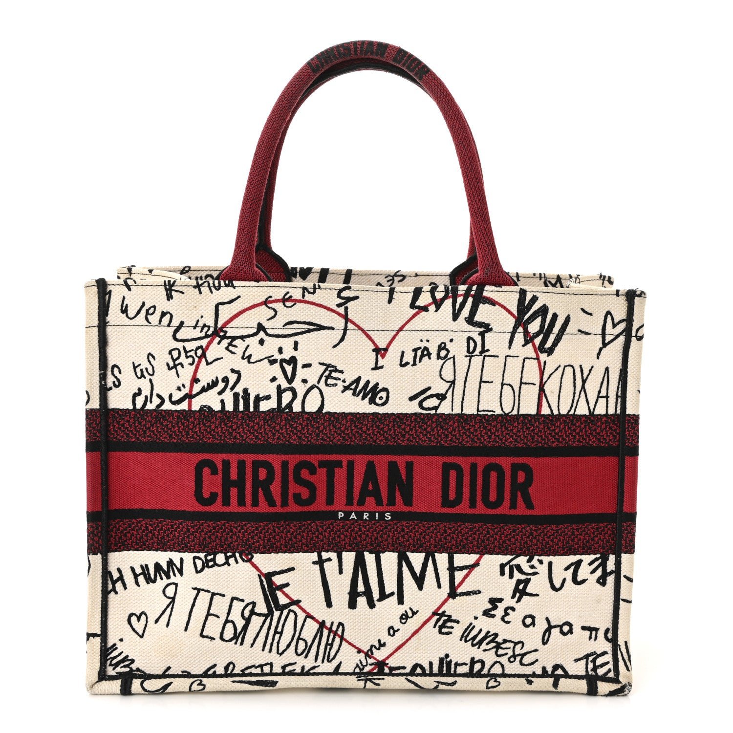 Dior Christian Dior Canvas Embroidered Medium Dioramour Graffiti Book Tote Latte Multicolor