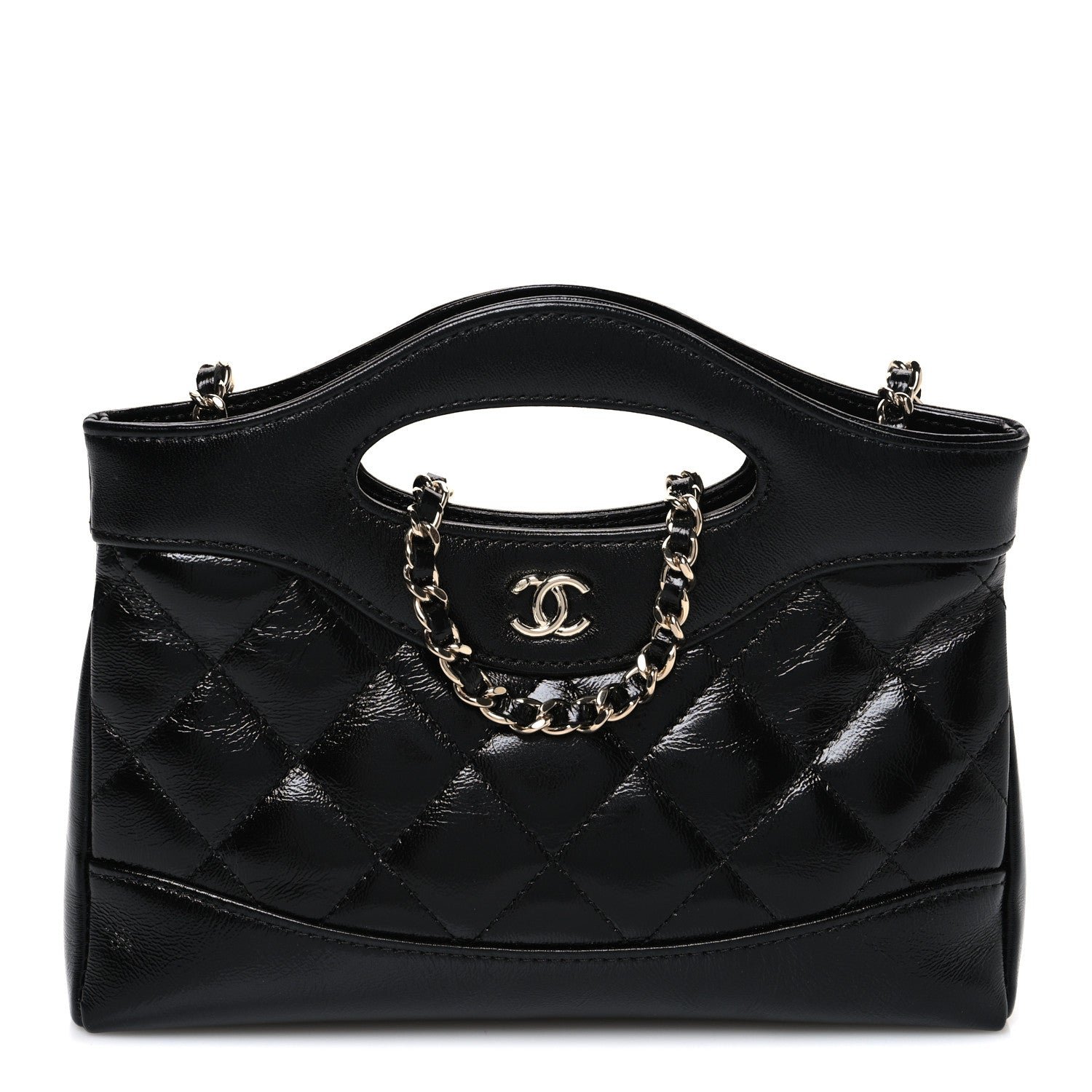 Chanel Shiny Crumpled Calfskin Quilted Nano 31 Shopping Bag Black