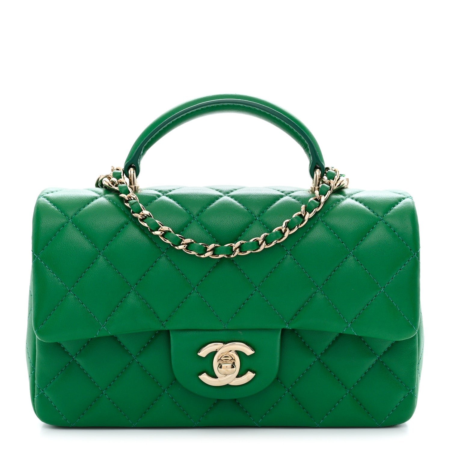 Chanel Lambskin Quilted Mini Top Handle Rectangular Flap Green
