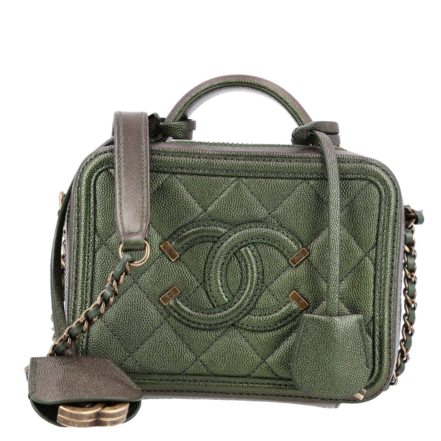 Chanel Iridescent Caviar Quilted Small CC Filigree Vanity Case Green