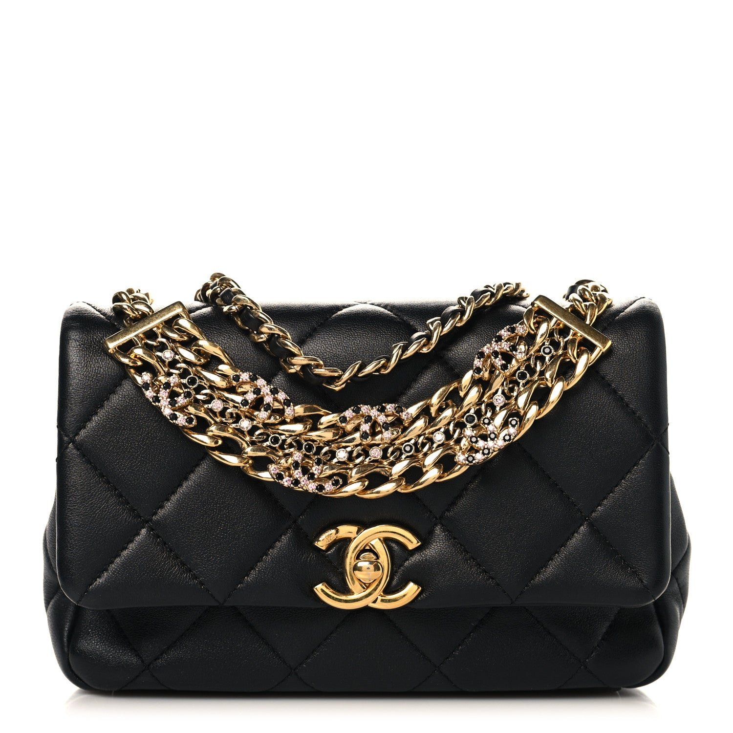 Chanel Lambskin Quilted Mini CC Crystal Logo Chain Flap Black