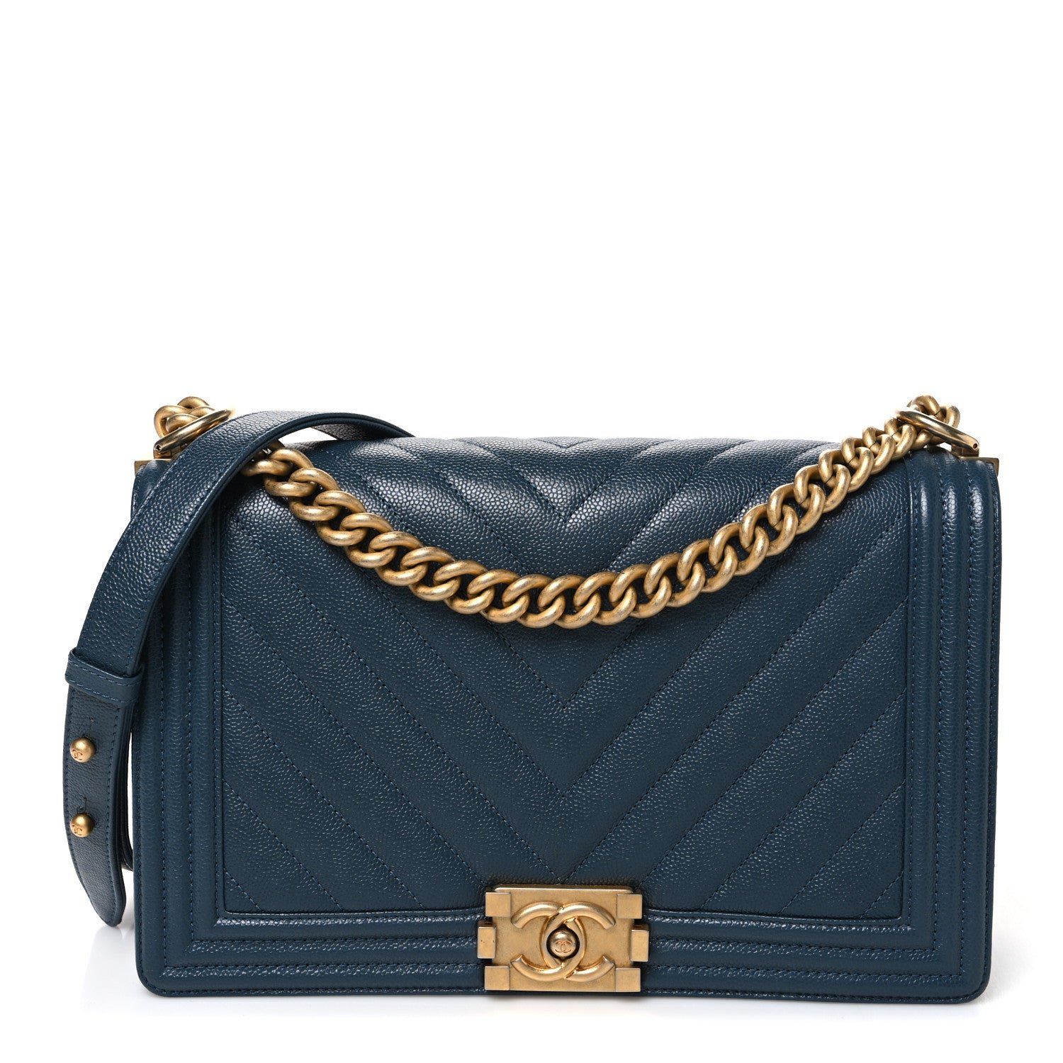 Chanel Caviar Chevron Quilted New Medium Boy Flap Blue