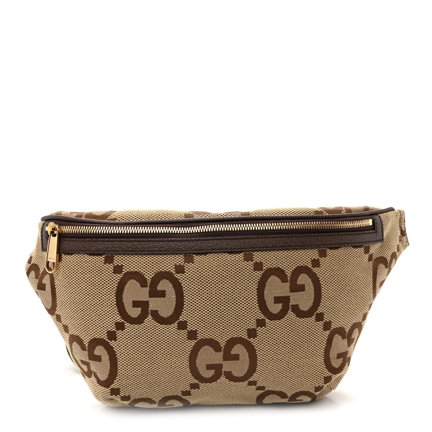 Gucci Monogram Jumbo GG Textured Dollar Calfskin Web Belt Bag Camel Ebony New Acero