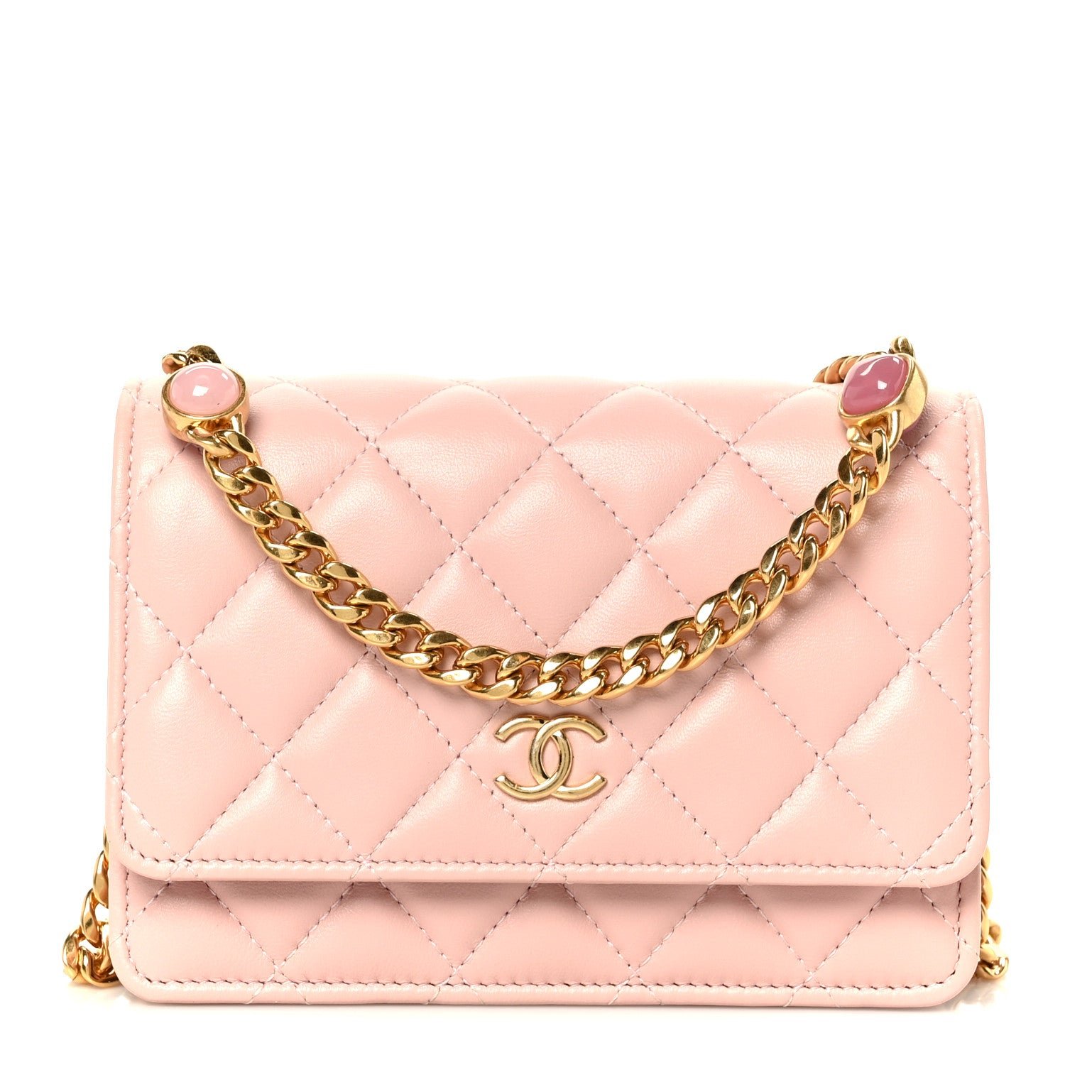Chanel Lambskin Quilted CC Pearl Enamel Clutch on Chain WOC Light Pink