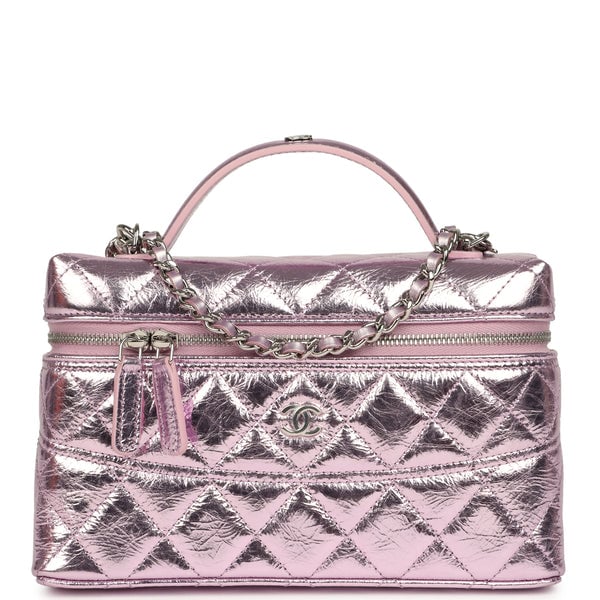 Chanel Trendy Top Handle Long Vanity Case with Chain Pink Metallic Calfskin Silver Hardware
