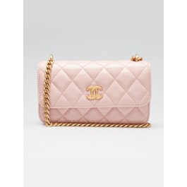 Chanel Light Pink Quilted Lambskin Leather Sweet Camellia Flap Phone Holder Bag