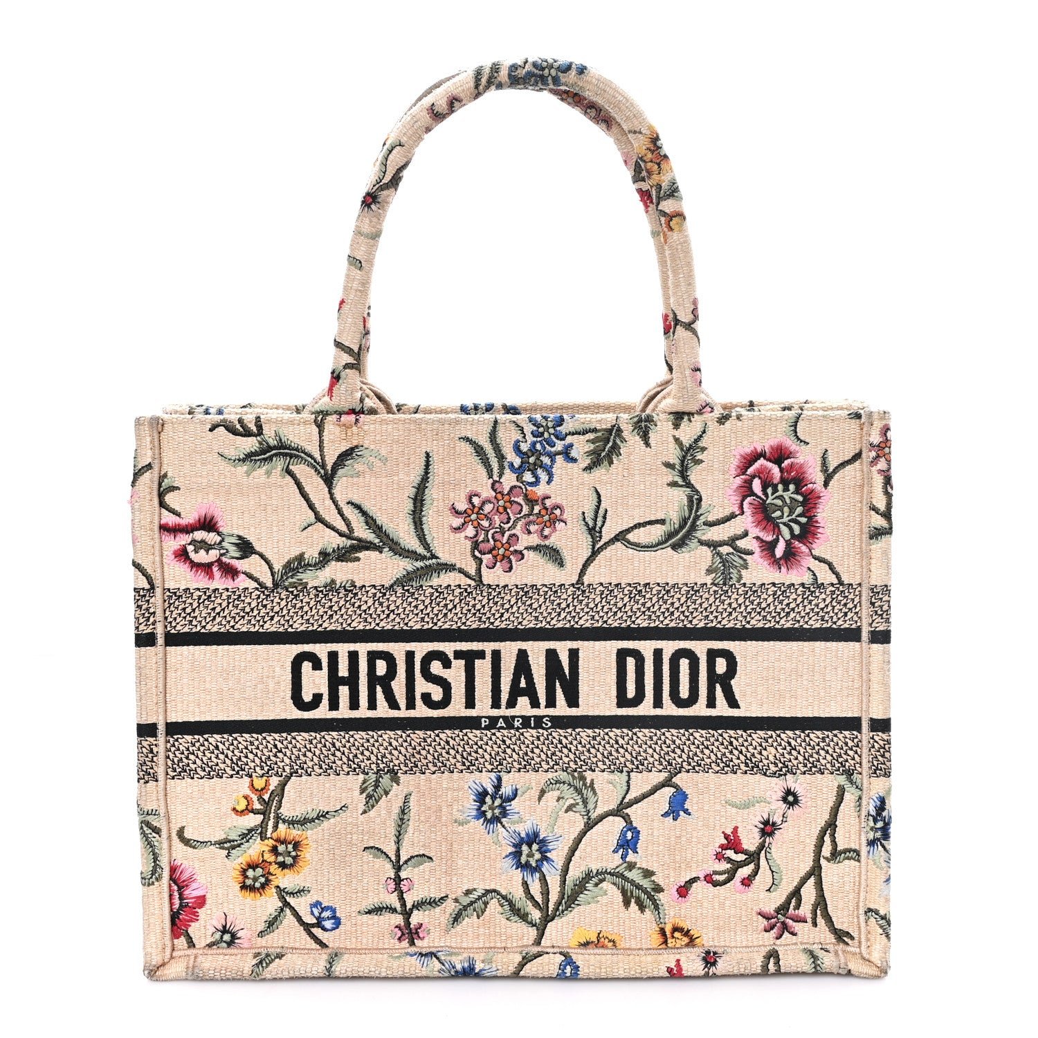 Christian Dior Raffia Embroidered Petites Fleurs Medium Book Tote Natural
