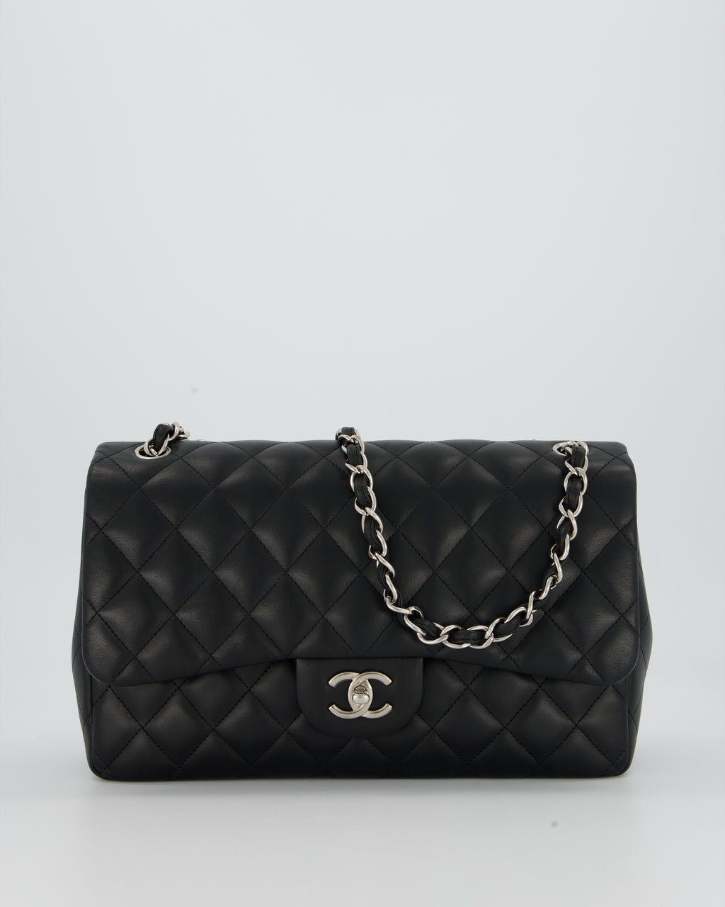 Chanel Chanel Black Jumbo Classic Double Flap Bag in Lambskin Leather with Silver Hardware