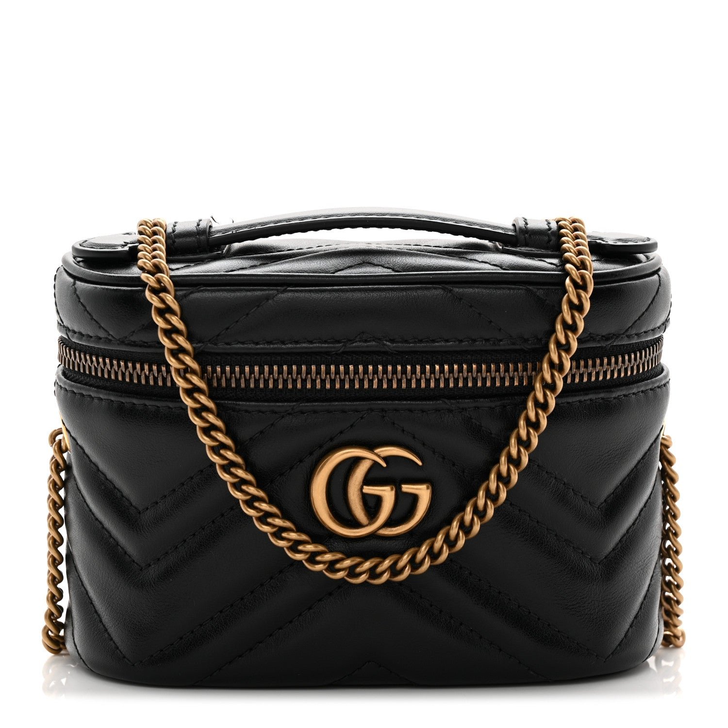 Gucci Calfskin Matelasse Chevron Mini GG Marmont Top Handle Bag Black