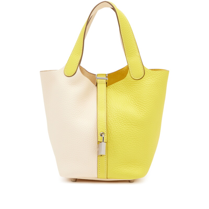 Lime and Nata Bicolor Taurillon Clemence Casaque Picotin Lock 18 Palladium Hardware, 2020
