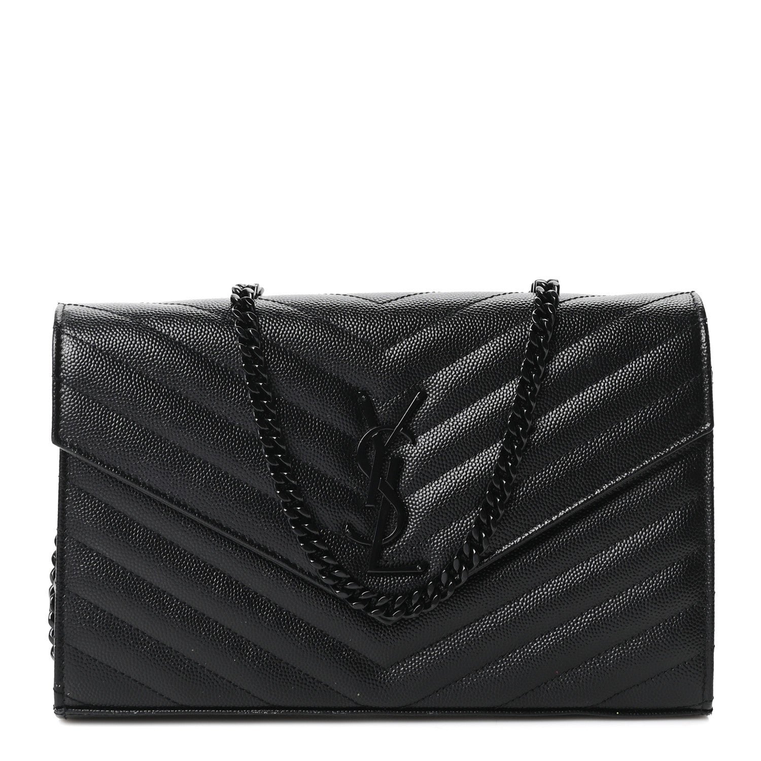 Saint Laurent Grain De Poudre Matelasse Chevron Monogram Monochrome Chain Wallet Black