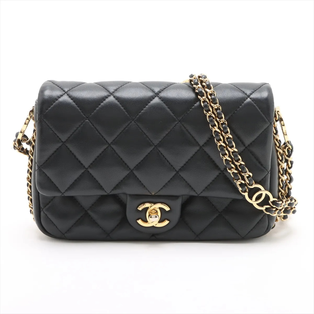 Chanel Mini Matelasse Lambskin Chain Shoulder Bag Black Gold Metal Fittings rand