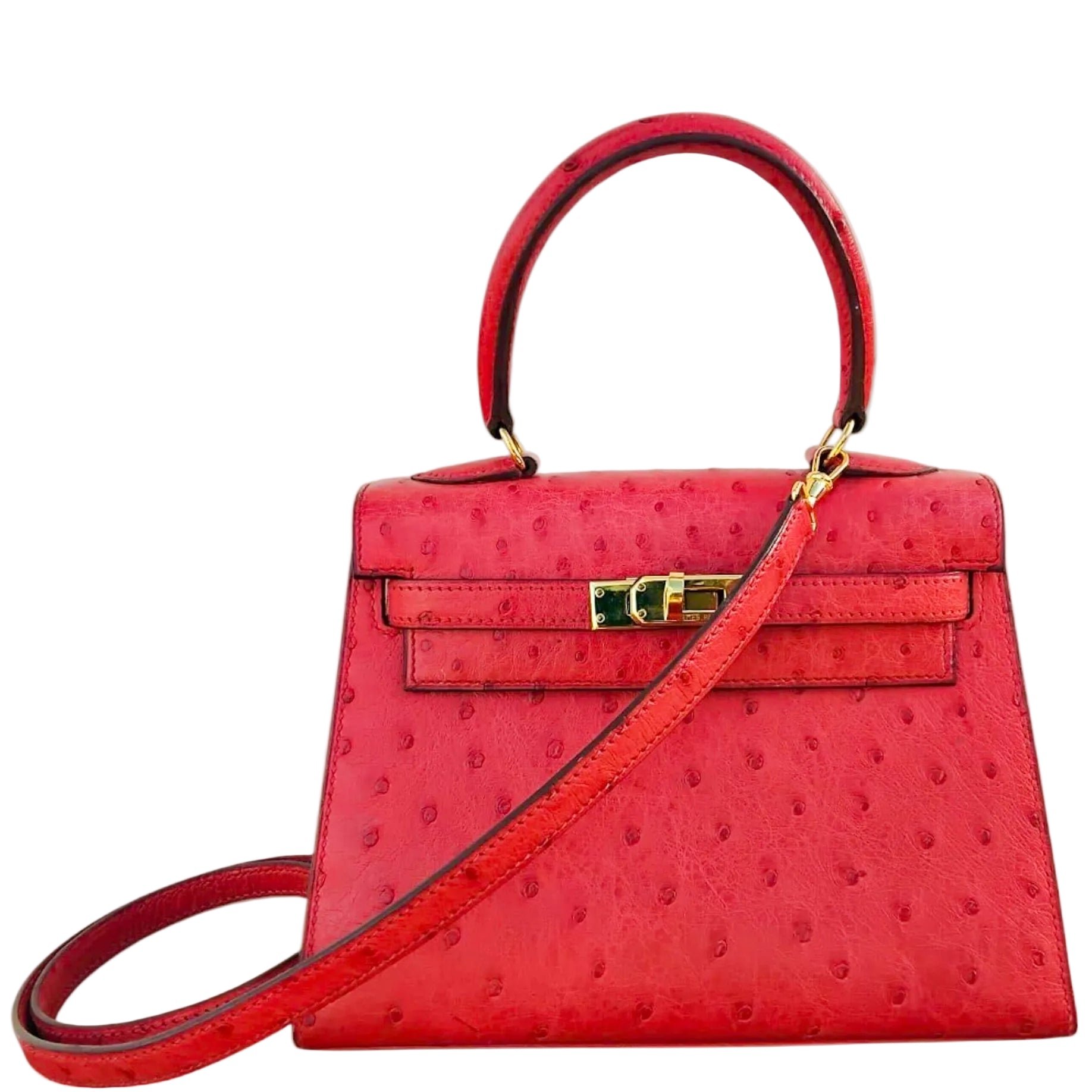 Hermes Hermès Kelly 20 Mini Retourne Vintage Rouge Vif Ostrich Gold Hardware