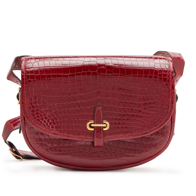 Hermes Vintage Rouge Vif Shiny Porosus Crocodile Balle De Golf Bag Gold Hardware, 1980s